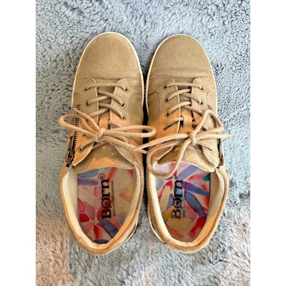 BORN Tamara Tan Suede Leather Lace Up Sneakers Side Zip Comfort Slip-On - Picture 3 of 9